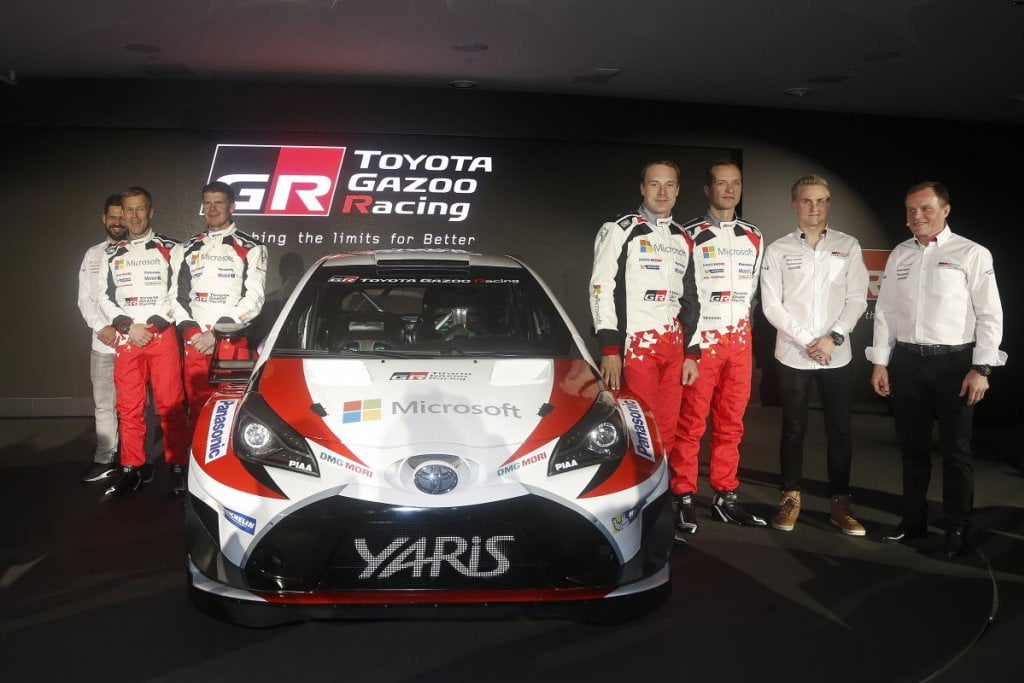 Tässä se on: suomalainen Dream Team! Juho Hänninen ja Kaj Lindström - Jari-Matti Latvala ja Miikka Anttila sekä Esapekka Lappi ja Janne Ferm Tommi Mäkisen pyörittämässä Toyota-tiimissä. Kuva: Toyota Gazoo Racing